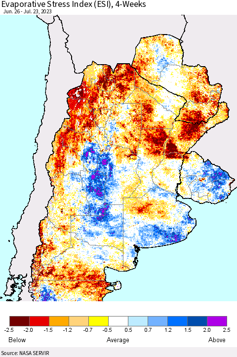 Southern South America Evaporative Stress Index (ESI), 4-Weeks Thematic Map For 7/17/2023 - 7/23/2023