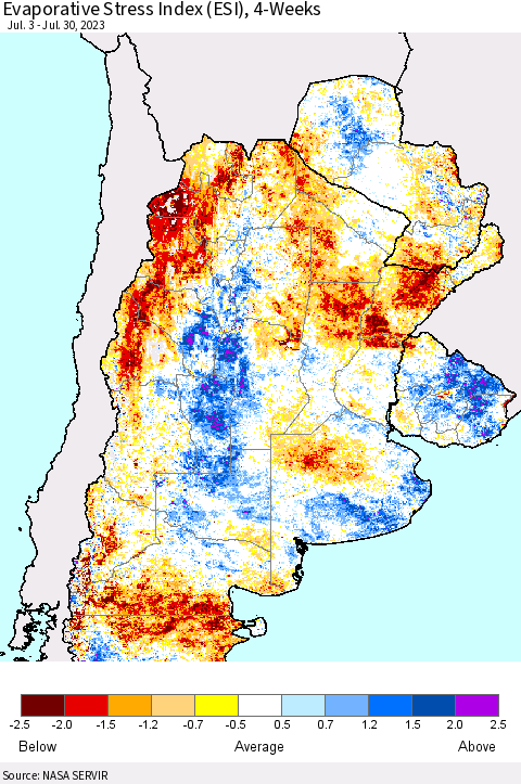 Southern South America Evaporative Stress Index (ESI), 4-Weeks Thematic Map For 7/24/2023 - 7/30/2023