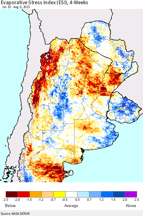 Southern South America Evaporative Stress Index (ESI), 4-Weeks Thematic Map For 7/31/2023 - 8/6/2023
