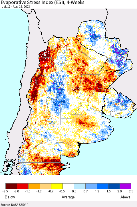 Southern South America Evaporative Stress Index (ESI), 4-Weeks Thematic Map For 8/7/2023 - 8/13/2023