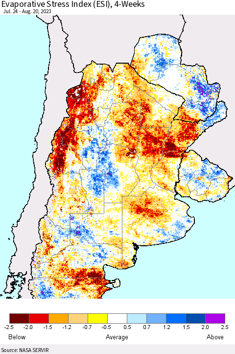 Southern South America Evaporative Stress Index (ESI), 4-Weeks Thematic Map For 8/14/2023 - 8/20/2023