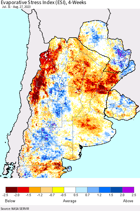 Southern South America Evaporative Stress Index (ESI), 4-Weeks Thematic Map For 8/21/2023 - 8/27/2023