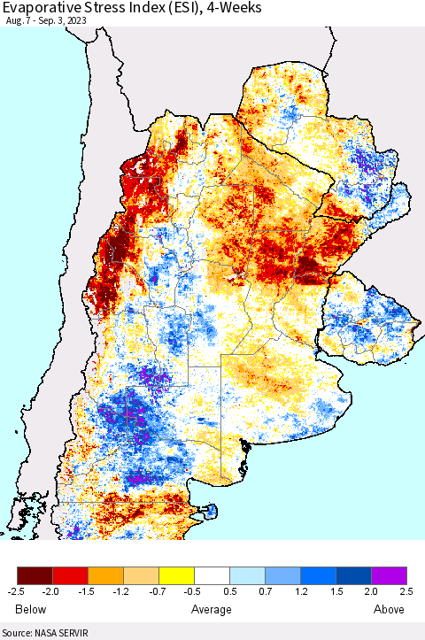 Southern South America Evaporative Stress Index (ESI), 4-Weeks Thematic Map For 8/28/2023 - 9/3/2023