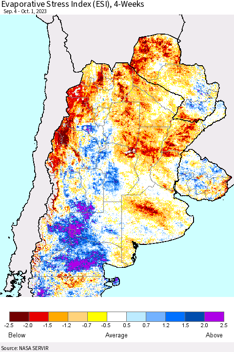 Southern South America Evaporative Stress Index (ESI), 4-Weeks Thematic Map For 9/25/2023 - 10/1/2023