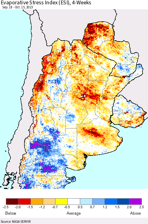 Southern South America Evaporative Stress Index (ESI), 4-Weeks Thematic Map For 10/9/2023 - 10/15/2023