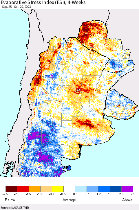 Southern South America Evaporative Stress Index (ESI), 4-Weeks Thematic Map For 10/16/2023 - 10/22/2023