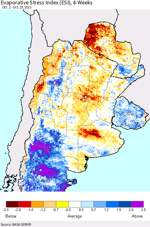 Southern South America Evaporative Stress Index (ESI), 4-Weeks Thematic Map For 10/23/2023 - 10/29/2023