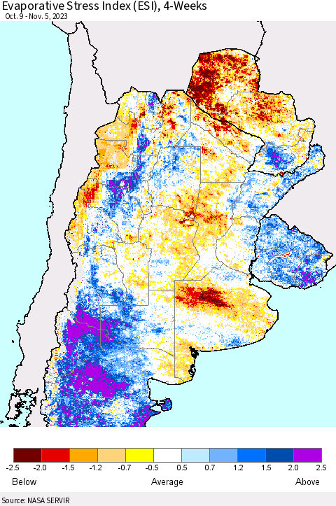 Southern South America Evaporative Stress Index (ESI), 4-Weeks Thematic Map For 10/30/2023 - 11/5/2023