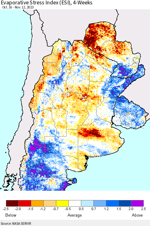 Southern South America Evaporative Stress Index (ESI), 4-Weeks Thematic Map For 11/6/2023 - 11/12/2023