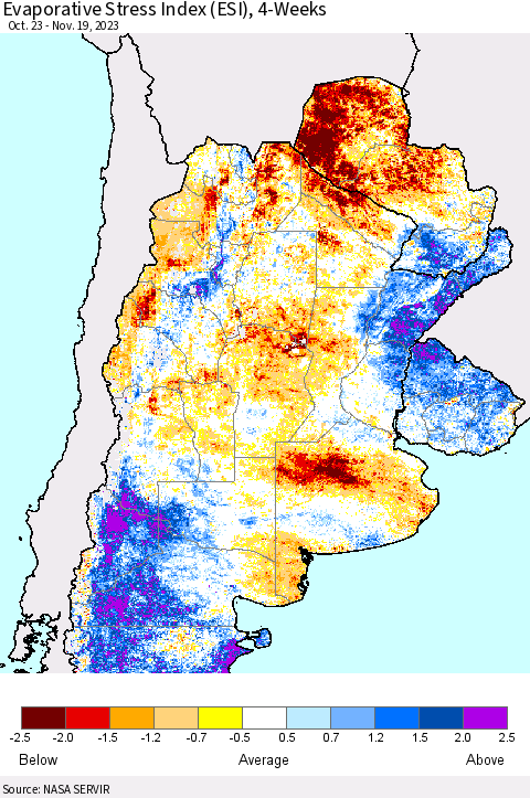 Southern South America Evaporative Stress Index (ESI), 4-Weeks Thematic Map For 11/13/2023 - 11/19/2023
