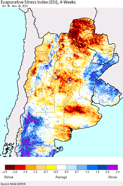 Southern South America Evaporative Stress Index (ESI), 4-Weeks Thematic Map For 11/20/2023 - 11/26/2023