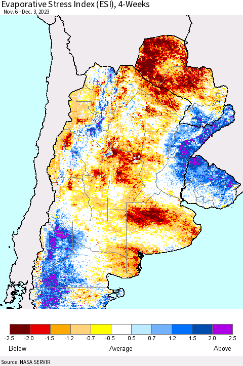 Southern South America Evaporative Stress Index (ESI), 4-Weeks Thematic Map For 11/27/2023 - 12/3/2023