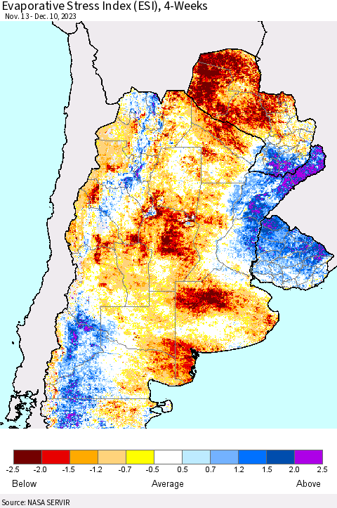 Southern South America Evaporative Stress Index (ESI), 4-Weeks Thematic Map For 12/4/2023 - 12/10/2023