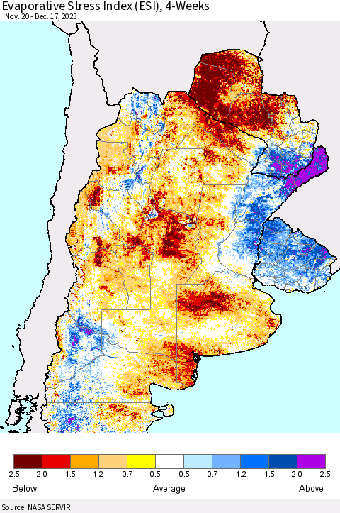 Southern South America Evaporative Stress Index (ESI), 4-Weeks Thematic Map For 12/11/2023 - 12/17/2023