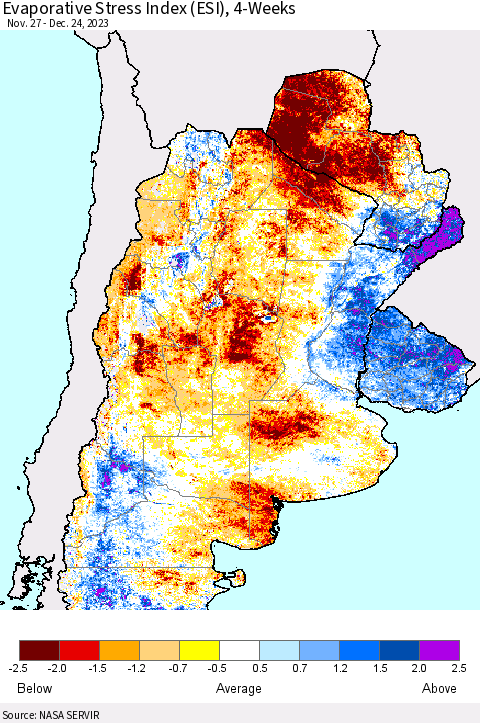 Southern South America Evaporative Stress Index (ESI), 4-Weeks Thematic Map For 12/18/2023 - 12/24/2023
