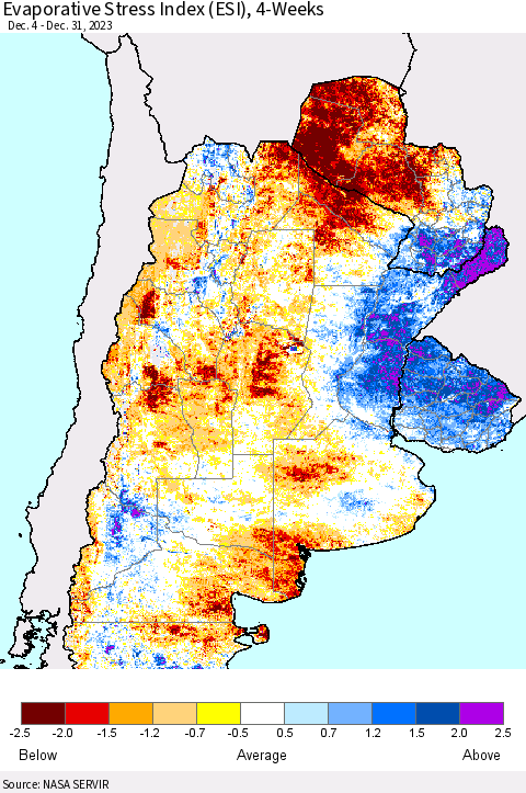 Southern South America Evaporative Stress Index (ESI), 4-Weeks Thematic Map For 12/25/2023 - 12/31/2023