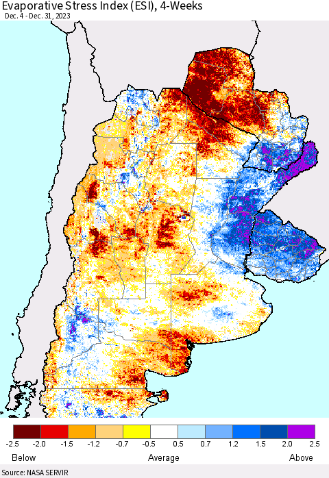 Southern South America Evaporative Stress Index (ESI), 4-Weeks Thematic Map For 1/1/2024 - 1/7/2024