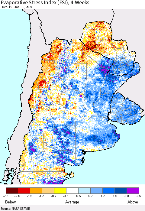 Southern South America Evaporative Stress Index (ESI), 4-Weeks Thematic Map For 1/15/2024 - 1/21/2024