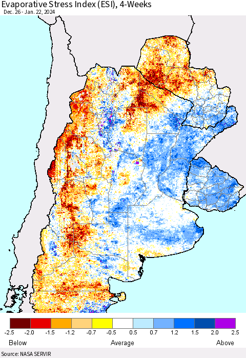 Southern South America Evaporative Stress Index (ESI), 4-Weeks Thematic Map For 1/22/2024 - 1/28/2024
