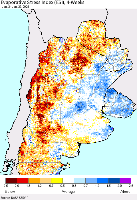 Southern South America Evaporative Stress Index (ESI), 4-Weeks Thematic Map For 1/29/2024 - 2/4/2024