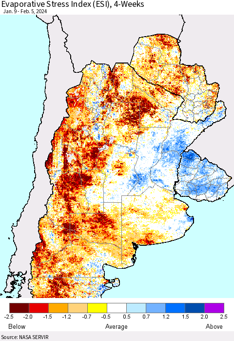 Southern South America Evaporative Stress Index (ESI), 4-Weeks Thematic Map For 2/5/2024 - 2/11/2024