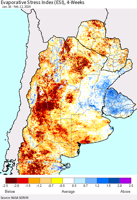 Southern South America Evaporative Stress Index (ESI), 4-Weeks Thematic Map For 2/12/2024 - 2/18/2024