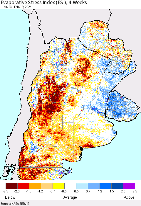 Southern South America Evaporative Stress Index (ESI), 4-Weeks Thematic Map For 2/19/2024 - 2/25/2024