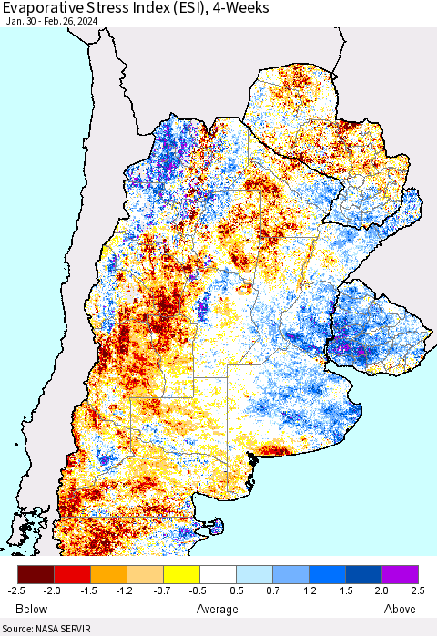 Southern South America Evaporative Stress Index (ESI), 4-Weeks Thematic Map For 2/26/2024 - 3/3/2024