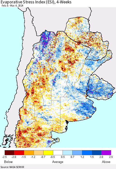 Southern South America Evaporative Stress Index (ESI), 4-Weeks Thematic Map For 3/4/2024 - 3/10/2024