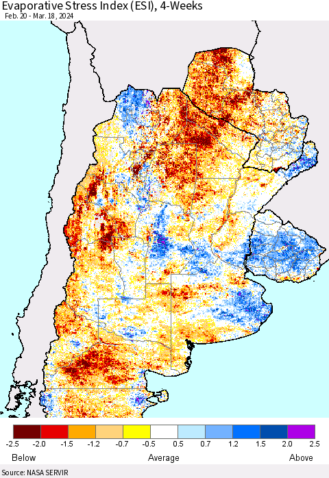 Southern South America Evaporative Stress Index (ESI), 4-Weeks Thematic Map For 3/18/2024 - 3/24/2024