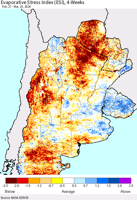 Southern South America Evaporative Stress Index (ESI), 4-Weeks Thematic Map For 3/25/2024 - 3/31/2024