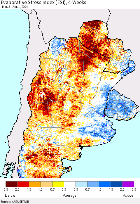 Southern South America Evaporative Stress Index (ESI), 4-Weeks Thematic Map For 4/1/2024 - 4/7/2024