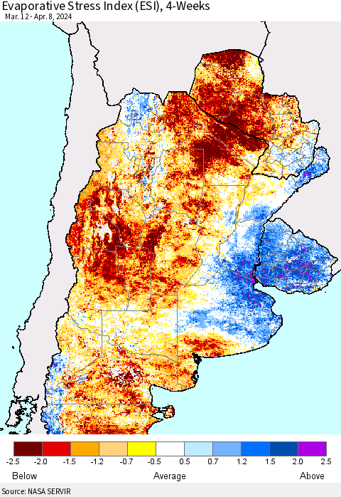 Southern South America Evaporative Stress Index (ESI), 4-Weeks Thematic Map For 4/8/2024 - 4/14/2024