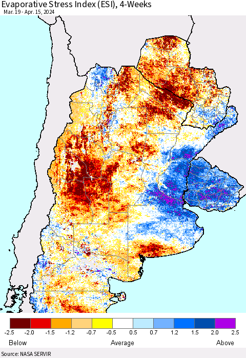 Southern South America Evaporative Stress Index (ESI), 4-Weeks Thematic Map For 4/15/2024 - 4/21/2024