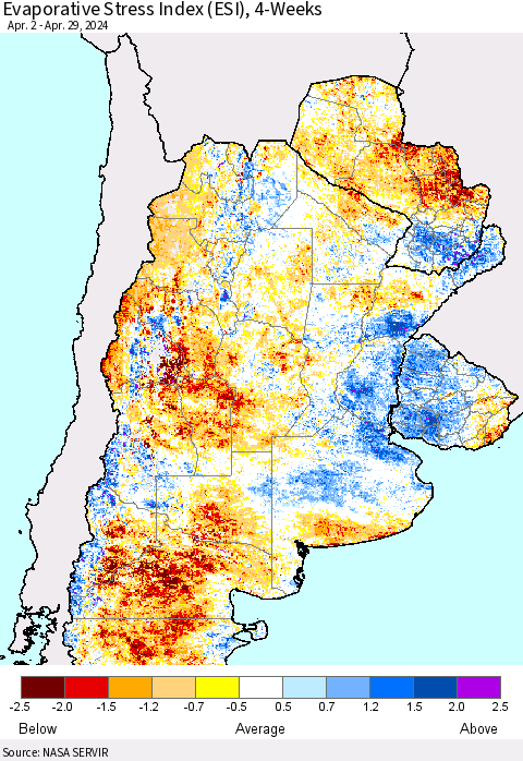 Southern South America Evaporative Stress Index (ESI), 4-Weeks Thematic Map For 4/29/2024 - 5/5/2024