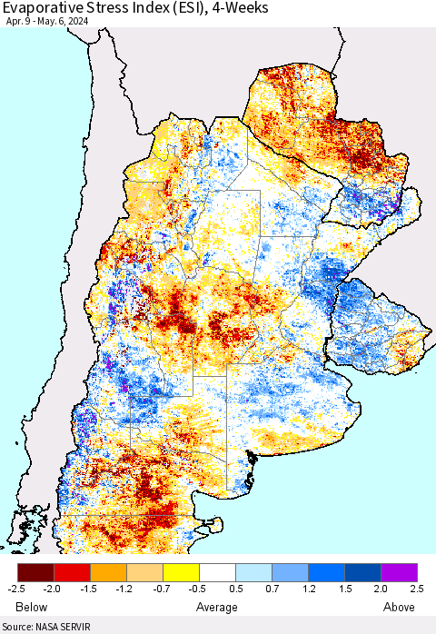 Southern South America Evaporative Stress Index (ESI), 4-Weeks Thematic Map For 5/6/2024 - 5/12/2024