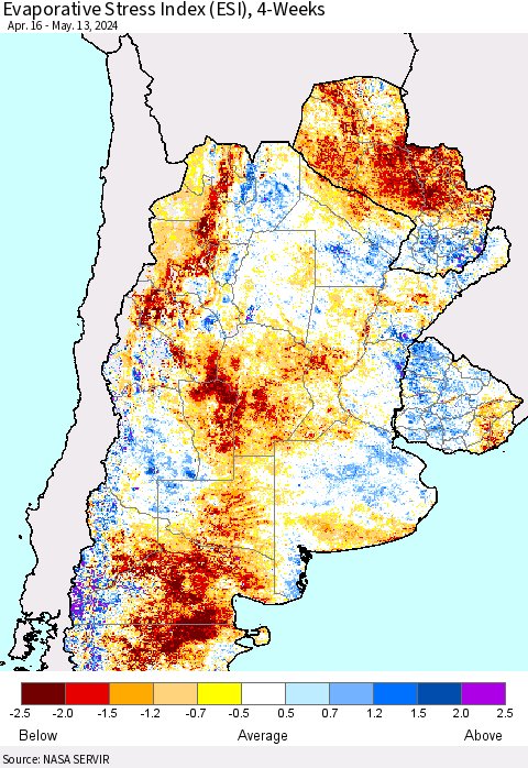Southern South America Evaporative Stress Index (ESI), 4-Weeks Thematic Map For 5/13/2024 - 5/19/2024