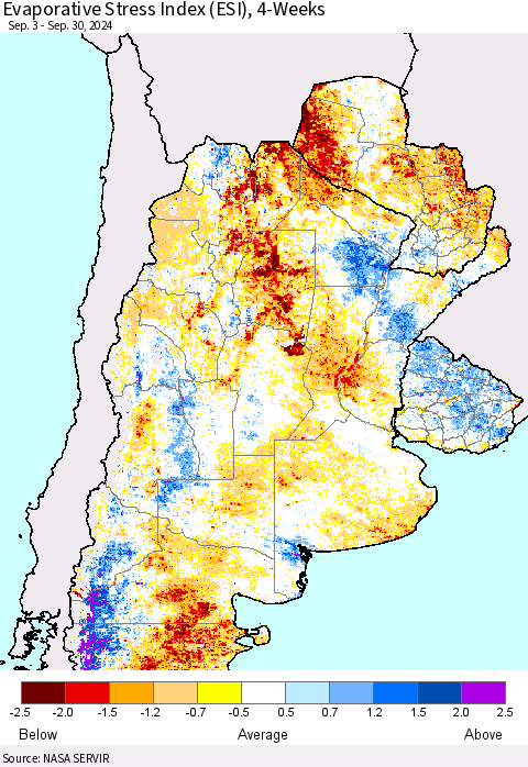Southern South America Evaporative Stress Index (ESI), 4-Weeks Thematic Map For 9/30/2024 - 10/6/2024