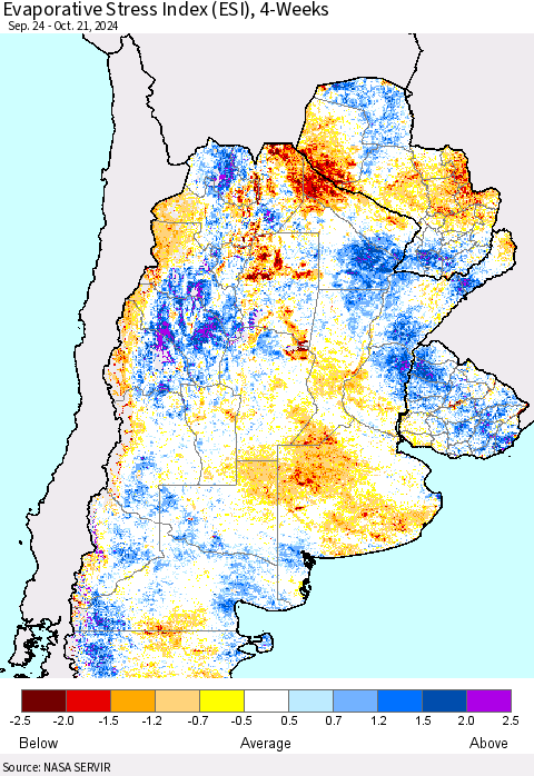 Southern South America Evaporative Stress Index (ESI), 4-Weeks Thematic Map For 10/21/2024 - 10/27/2024