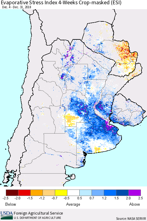 Southern South America Evaporative Stress Index (ESI), 4-Weeks over Croplands Thematic Map For 12/31/2018 - 1/6/2019