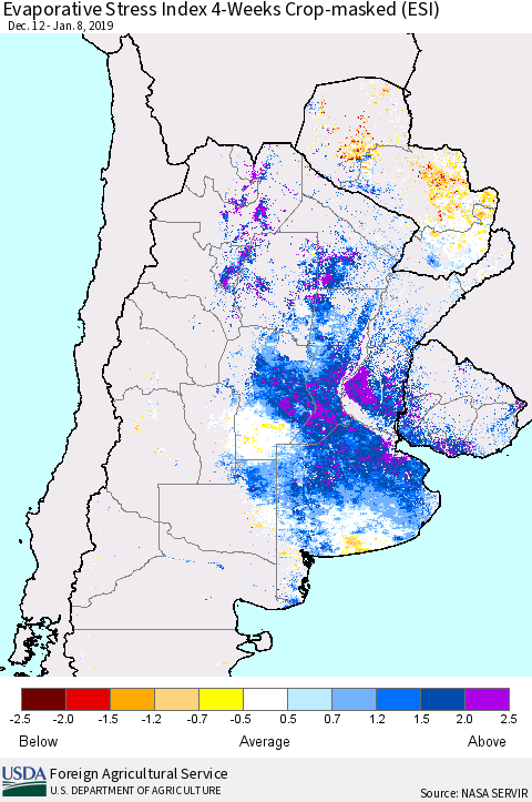 Southern South America Evaporative Stress Index (ESI), 4-Weeks over Croplands Thematic Map For 1/7/2019 - 1/13/2019
