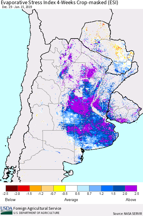 Southern South America Evaporative Stress Index (ESI), 4-Weeks over Croplands Thematic Map For 1/14/2019 - 1/20/2019