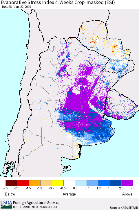 Southern South America Evaporative Stress Index (ESI), 4-Weeks over Croplands Thematic Map For 1/21/2019 - 1/27/2019