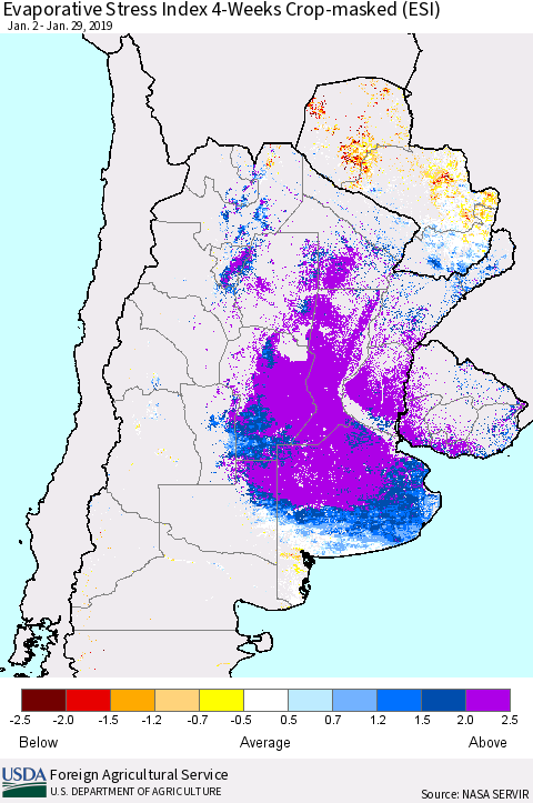 Southern South America Evaporative Stress Index (ESI), 4-Weeks over Croplands Thematic Map For 1/28/2019 - 2/3/2019