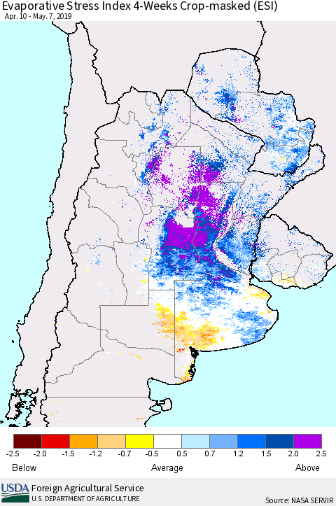 Southern South America Evaporative Stress Index (ESI), 4-Weeks over Croplands Thematic Map For 5/6/2019 - 5/12/2019