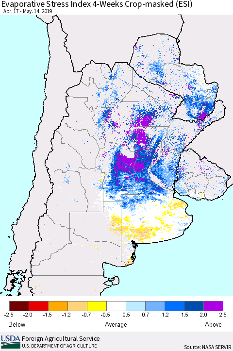 Southern South America Evaporative Stress Index (ESI), 4-Weeks over Croplands Thematic Map For 5/13/2019 - 5/19/2019