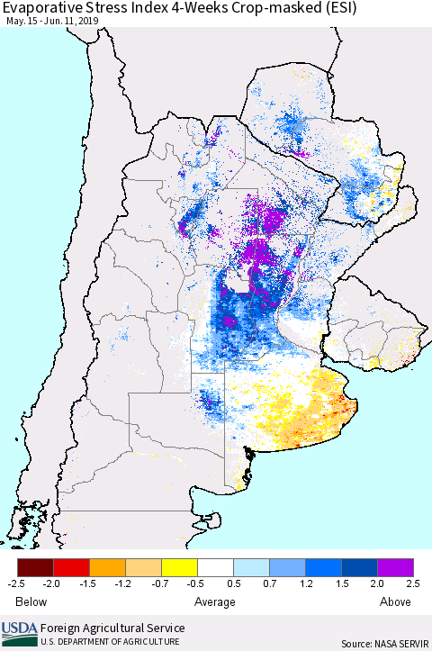 Southern South America Evaporative Stress Index (ESI), 4-Weeks over Croplands Thematic Map For 6/10/2019 - 6/16/2019