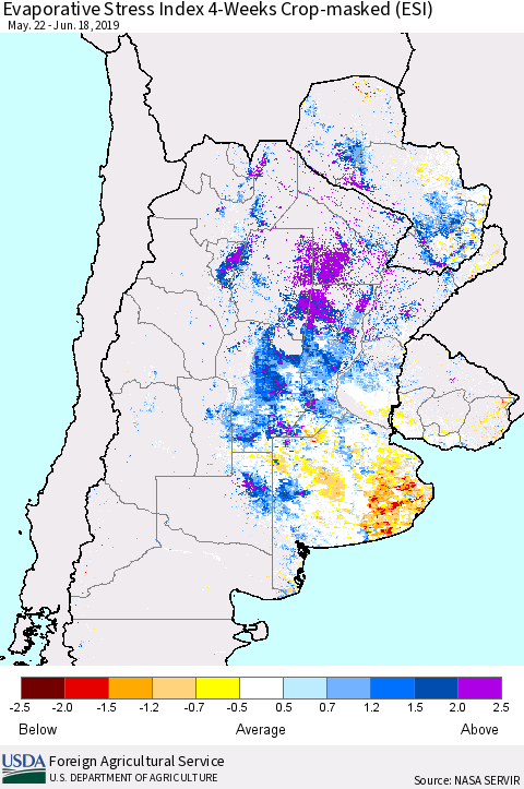 Southern South America Evaporative Stress Index (ESI), 4-Weeks over Croplands Thematic Map For 6/17/2019 - 6/23/2019