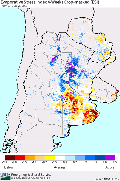 Southern South America Evaporative Stress Index (ESI), 4-Weeks over Croplands Thematic Map For 6/24/2019 - 6/30/2019