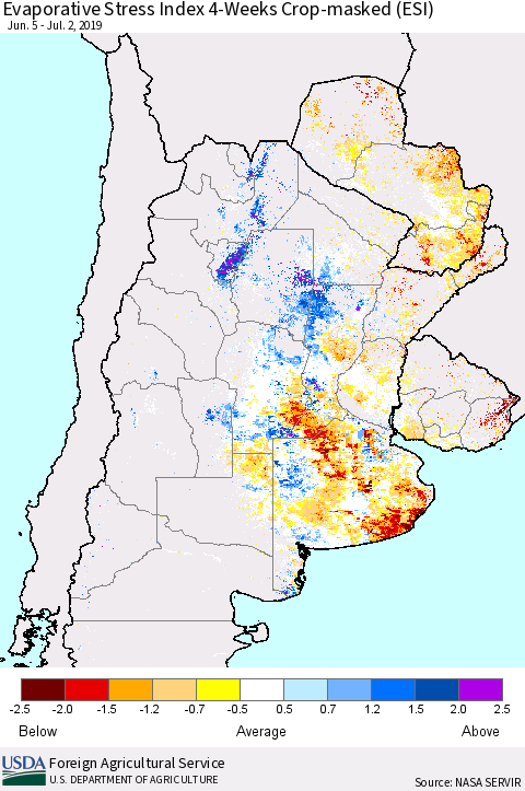 Southern South America Evaporative Stress Index (ESI), 4-Weeks over Croplands Thematic Map For 7/1/2019 - 7/7/2019